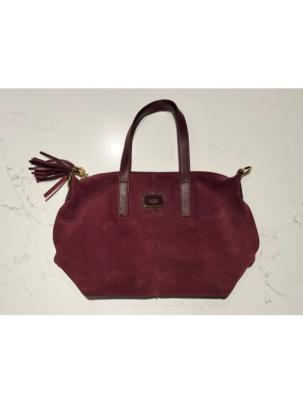 UGG • Leather Wine Suede Small Satchel Tote Handbag with Tassel